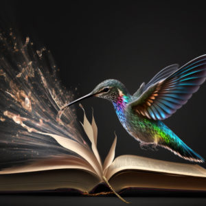 Hummingbird hovering over a book - By Dave Bell