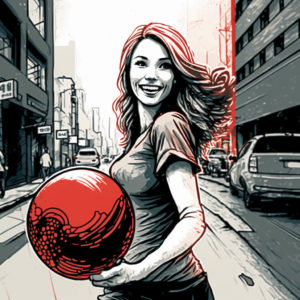 Drawing of a woman in a city street holding a red bowling ball and looking happy